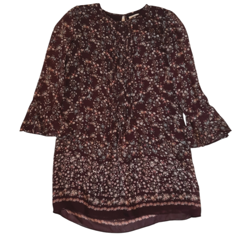 Max Studio Breezy Boho Dress Floral Burgundy Brown